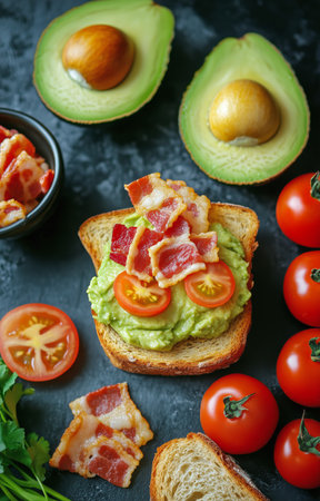 Delicious avocado spread layered on toasted bread, topped with crispy bacon and fresh cherry tomatoes, garnished with cilantro, served on a dark surface for an appetizing look.の素材