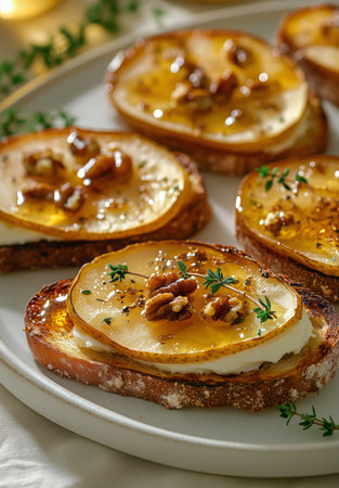 Toasted bread is topped with thin apple slices, pecans, and drizzled with honey, creating a warm and inviting dish perfect for autumn gatherings or brunch.の素材