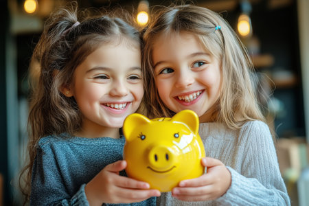 Two smiling girls with long hair hold a cheerful yellow piggy bank together. They are in a warm, well-lit room filled with soft lights, sharing a joyful moment.の素材