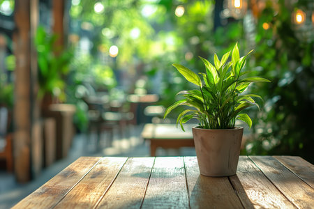A vibrant green plant is placed in a ceramic pot on a rustic wooden table. Natural light floods the cozy indoor space, enhancing the warm atmosphere.の素材