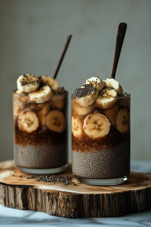 Two clear glasses filled with rich chia pudding are topped with banana slices and chia seeds, creating a delightful and healthy dessert. It is set on wooden coasters.の素材