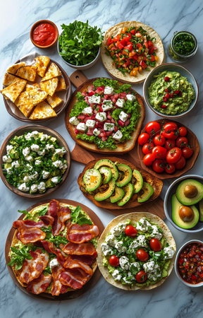 Freshly prepared toast topped with avocado, bacon, tomatoes, and creative salads create a vibrant spread perfect for a gathering or brunch.の素材