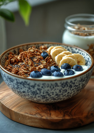 A colorful breakfast bowl features crunchy granola, creamy yogurt, fresh blueberries, and banana slices. It rests on a wooden board near a jar of ingredients in a cozy kitchen.の素材