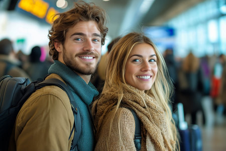 A couple stands in a bustling airport terminal, gazing up with expressions of anticipation. The background shows a crowd of travelers and brightly lit signs.の素材