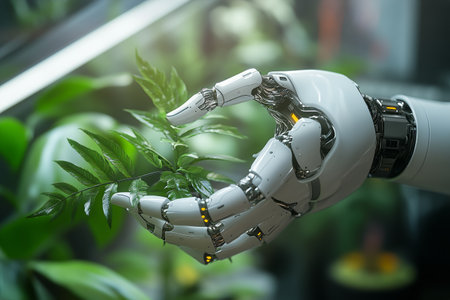 A sleek robotic hand delicately grasps a vibrant green leaf amidst a thriving indoor garden filled with various plants and foliage.の素材