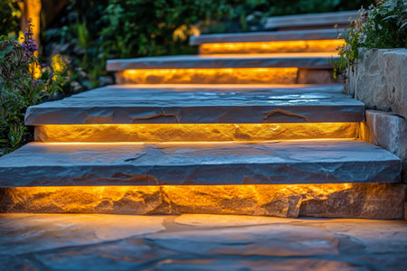 Illuminated stone steps lead through a forest in autumn, showcasing vibrant foliage and a tranquil atmosphere. The soft glow enhances the natural beauty of the surroundings.の素材