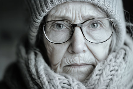An elderly woman with glasses and a knitted hat smiles gently while wrapped in a cozy scarf. The winter atmosphere adds warmth to her cheerful expression.の素材