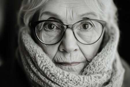 An elderly woman with glasses and a knitted hat smiles gently while wrapped in a cozy scarf. The winter atmosphere adds warmth to her cheerful expression.の素材