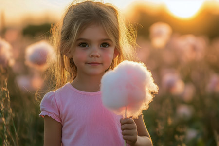 A young girl holds a fluffy stick of cotton candy while standing in a field filled with flowers at sunset. The warm light highlights her joyful expression and the beauty around her.の素材