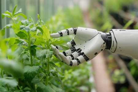 A sleek robotic hand delicately grasps a vibrant green leaf amidst a thriving indoor garden filled with various plants and foliage.の素材