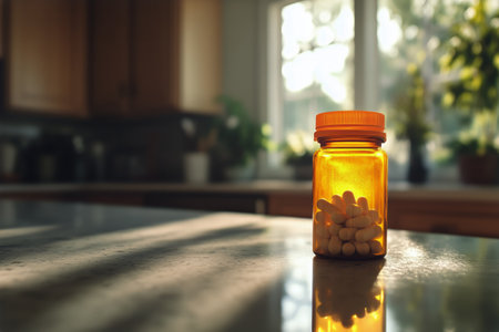 A clear plastic bottle filled with yellow pills sits on a granite counter. Some pills are spilled outside the bottle. Bright light comes from a nearby window and reflects on the surface.の素材