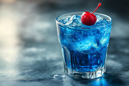 A vibrant blue drink with ice cubes and a cherry on top is placed on a cool, textured surface, showing its refreshing appeal. The lighting highlights its sparkling appearance.の素材