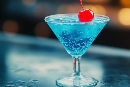 A vibrant blue drink with ice cubes and a cherry on top is placed on a cool, textured surface, showing its refreshing appeal. The lighting highlights its sparkling appearance.の素材