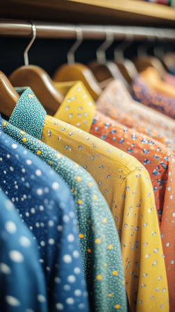 A collection of vibrant shirts hangs neatly on hangers inside a clothing store. Customers browse through this colorful array, considering their options for purchase.の素材