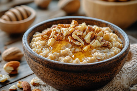 A hearty bowl of oatmeal topped with honey and a variety of nuts sits on a rustic wooden table. The natural textures create a warm, inviting atmosphere perfect for breakfast.の素材
