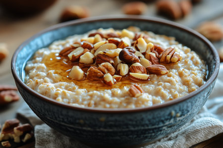 A hearty bowl of oatmeal topped with honey and a variety of nuts sits on a rustic wooden table. The natural textures create a warm, inviting atmosphere perfect for breakfast.の素材