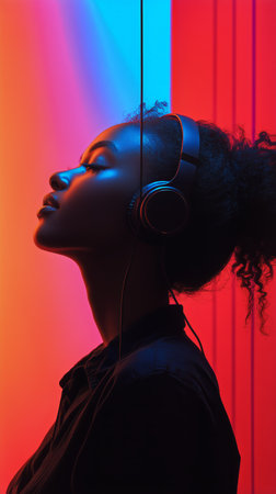 A teenager with headphones on is fully immersed in music, with colored neon lights illuminating the backdrop, creating a dynamic and youthful atmosphere.の素材