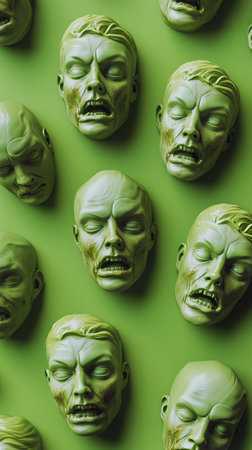 A collection of green zombie heads is showcased against a matching green backdrop. Each head features distinct expressions of fear and horror, enhancing the eerie atmosphere.の素材