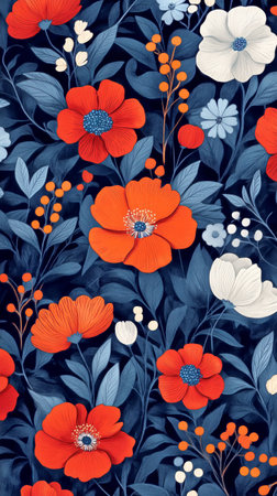 A colorful design showcases red and white flowers amidst lush green leaves set against a deep blue background, creating a striking visual contrast.の素材