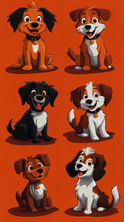 Six adorable cartoon dogs are showcased, each with a unique expression and color. The playful characters represent various breeds, evoking joy and charm.の素材