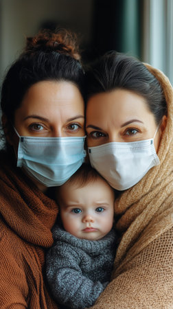 Two women share a warm embrace with a baby, all wearing face masks. They are indoors, wrapped in blankets, showcasing a cozy family moment during winter.の素材