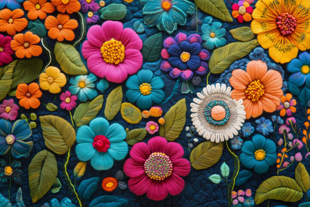 Detailed embroidery showcases a variety of flowers, including large orange blooms and smaller blue, pink, and yellow flowers on rich blue fabric.の素材