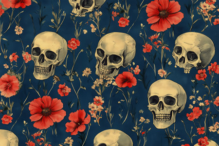 A captivating design showcases detailed human skulls surrounded by lush flowers in shades of red and cream, all set against a deep blue background creating a striking contrast.の素材