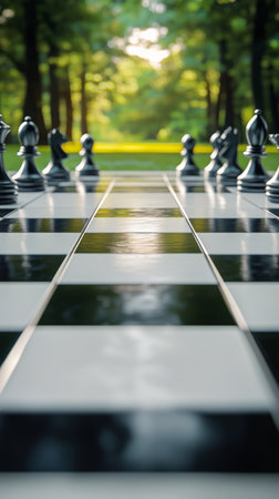 A low-angle view of a checkerboard pattern floor featuring warm brown and black tiles. Sunlight casts gentle shadows, enhancing the textured surfaces in a bright space.の素材