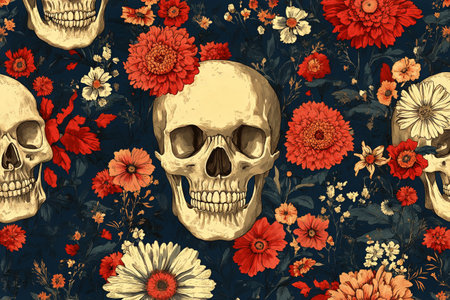 A captivating design showcases detailed human skulls surrounded by lush flowers in shades of red and cream, all set against a deep blue background creating a striking contrast.の素材