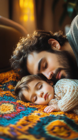 A father rests gently his head against his sleeping child, both nestled on a vibrant blanket in a warm and inviting living room, creating a touching atmosphere of love and comfort.の素材