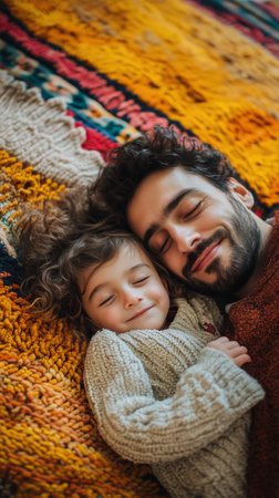 A father rests gently his head against his sleeping child, both nestled on a vibrant blanket in a warm and inviting living room, creating a touching atmosphere of love and comfort.の素材