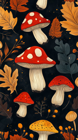 Vibrant mushrooms in red, yellow, and white hues contrast against a dark backdrop with scattered autumn leaves and branches, creating a seasonal celebration of natures beauty.の素材