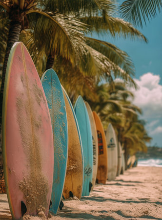 Brightly colored surfboards are arranged along a sandy beach, surrounded by lush palm trees under a sunny sky. Waves and coastal beauty create a vibrant atmosphere.の素材