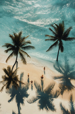 Golden sand stretches under palm trees swaying in the gentle breeze, where people stroll along the waters edge, basking in the warmth of a beautiful day.の素材