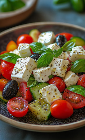 A vibrant salad featuring diced cucumbers, ripe cherry tomatoes, black olives, and a generous block of feta cheese drizzled with olive oil and herbs.の素材