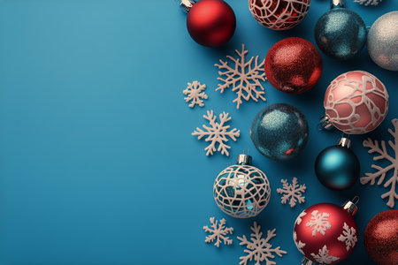 Colorful ornaments in red, silver, and blue are mixed with white snowflakes on a blue background, creating a cheerful and festive setting for holiday decoration.の素材