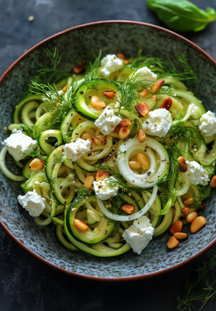 A bowl of spiralized zucchini noodles topped with fresh basil, crumbled feta cheese, and toasted pine nuts.の素材