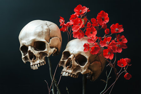 Two human skulls rest among vivid red petals, contrasting their pale color against the dark background while evoking themes of mortality and beauty.の素材