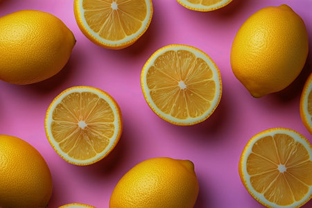 Bright yellow lemon slices are neatly laid out on a vivid pink surface, creating a colorful and refreshing display that is perfect for summer-themed events or culinary inspiration.の素材