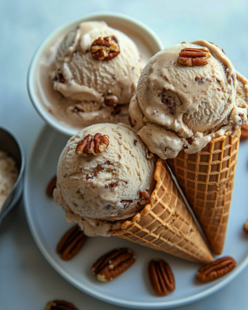 Creamy ice cream is piled high in a waffle cone and a bowl, garnished with chopped pecans. A scoop and scattered nuts add to the inviting presentation.の素材