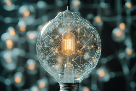 A clear light bulb filled with shimmering lights stands out among a backdrop of glowing string lights, creating a warm, enchanting atmosphere during the nighttime.の素材