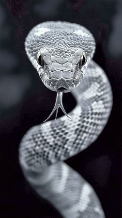 A striking close-up reveals the intricate scales and piercing eyes of a gray snake, showing its unique texture and natural beauty in a soothing, dark environment.の素材