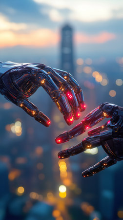 Two robotic hands extend towards each other with glowing lights in a vibrant cityscape, capturing a moment of connection amidst the bustling urban atmosphere at dusk.の素材