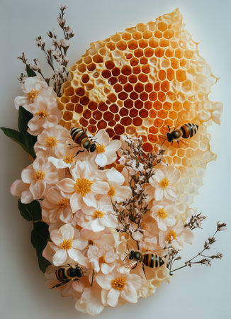 Honeycomb rests gracefully among soft pink flowers and dried plants, while bees collect nectar in a tranquil, nature-inspired display.の素材