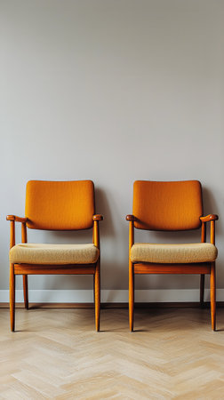 Two wooden chairs with cushioned seats are placed symmetrically against a beige wall, showing a minimalist design in a contemporary environment.の素材