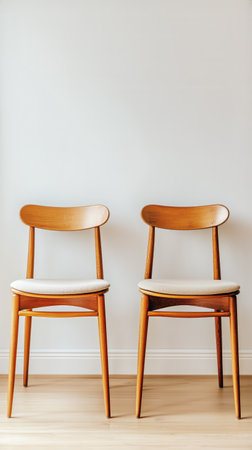 Two wooden chairs with cushioned seats are placed symmetrically against a beige wall, showing a minimalist design in a contemporary environment.の素材