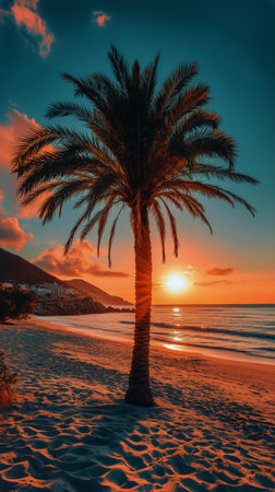 A solitary palm tree stands against a stunning sunset on a calm beach. The sun sets on the horizon, casting vibrant orange and pink hues across the sky and water.の素材