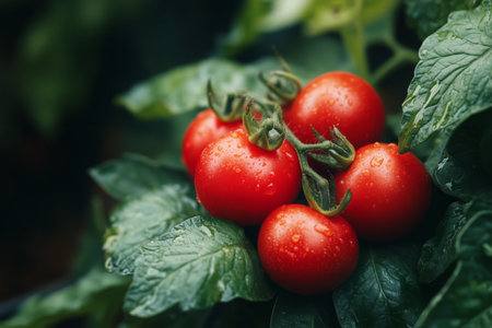 Ripe red tomatoes hang clustered on their vine, glistening with droplets of water, nestled among lush green leaves in a thriving garden.の素材