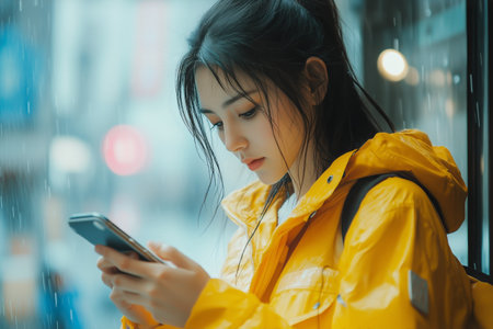 A young woman with curly hair is focused on her smartphone while wearing a bright yellow jacket. She appears to be waiting indoors during winter, surrounded by a modern environment.の素材