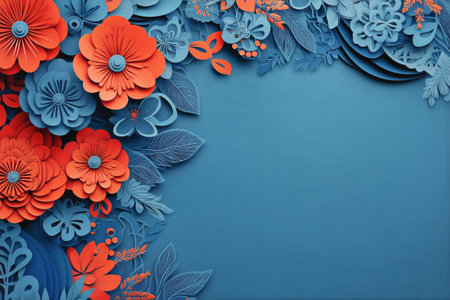 A beautiful arrangement features bold red and blue flowers with intricate details, set against a smooth blue background.の素材